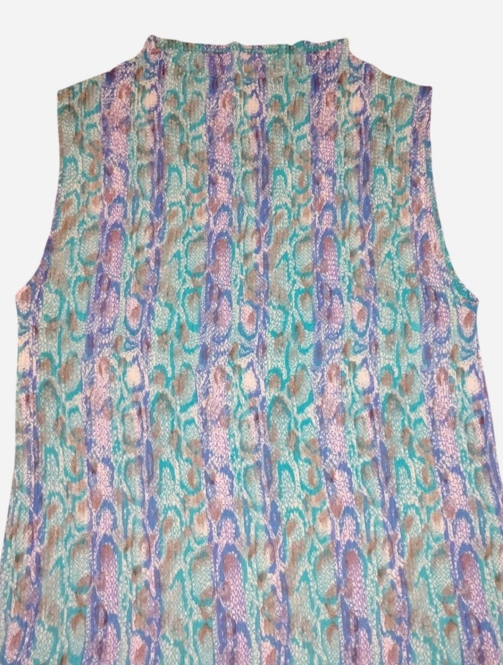 Vintage Impressions Micro Pleat Mock Neck Top - L - Blue Teal Snakeskin Print